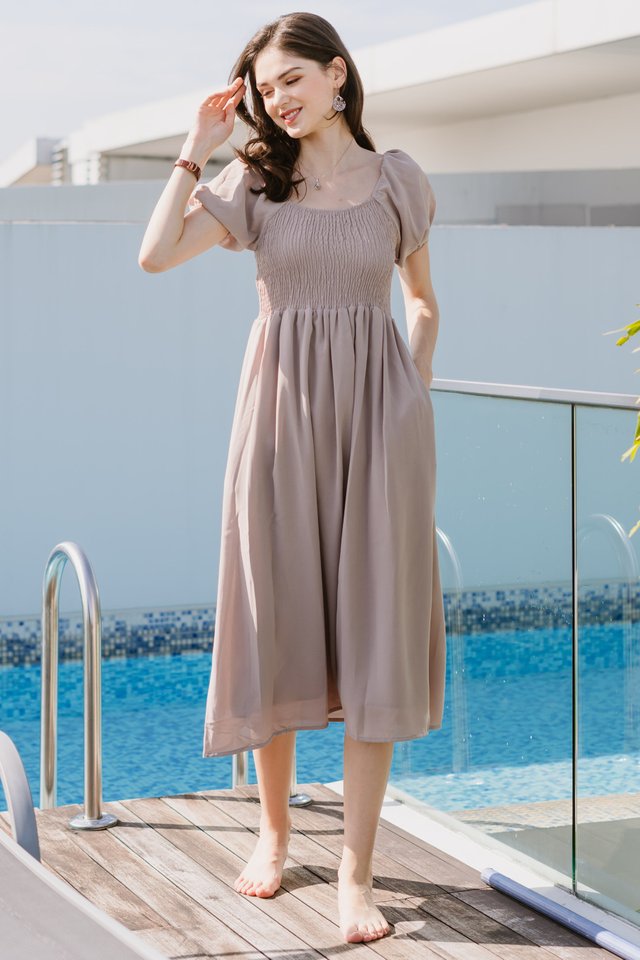 ACW Smock Puff Sleeve Maxi Dress in Taupe