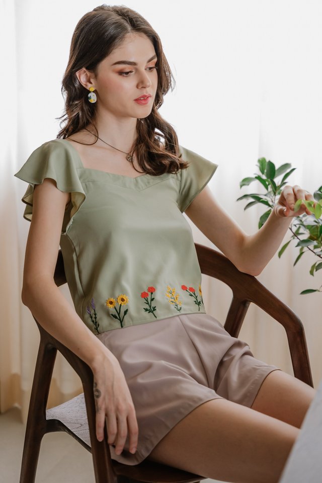ACW Embroidery Sweetheart Flutter Sleeve Top in Sage