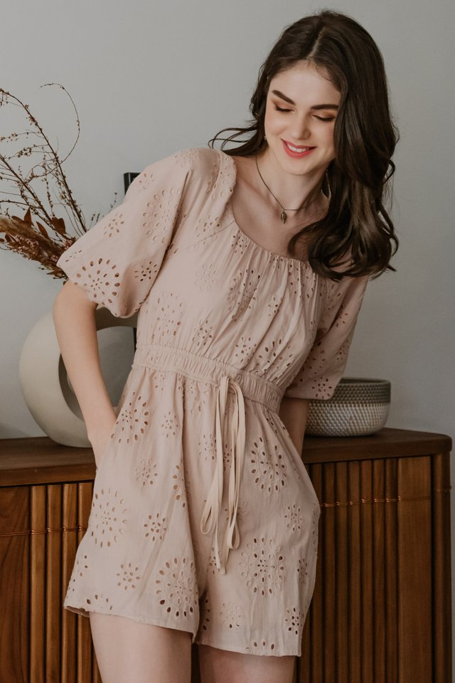 ACW Eyelet Puff Bell Sleeve Romper in Taupe