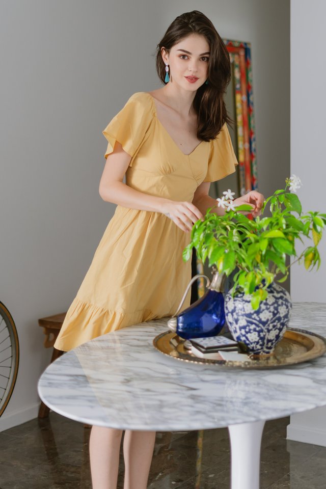 Sweetheart Flutter Sleeve Babydoll Romper Dress in Daffodil 