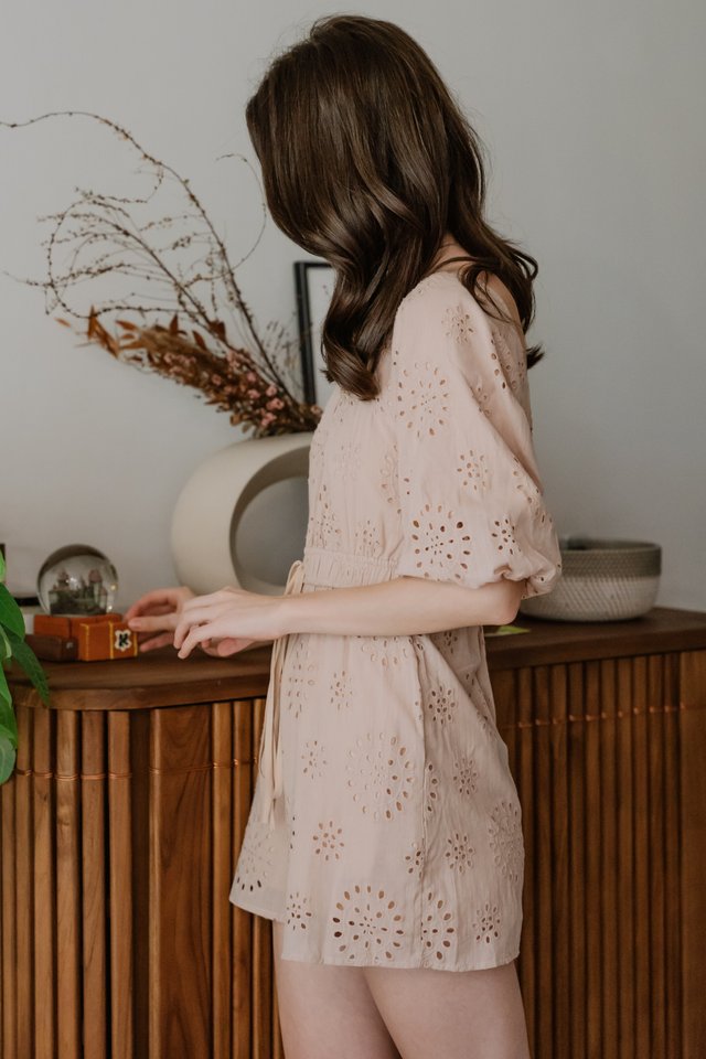 ACW Eyelet Puff Bell Sleeve Romper in Taupe