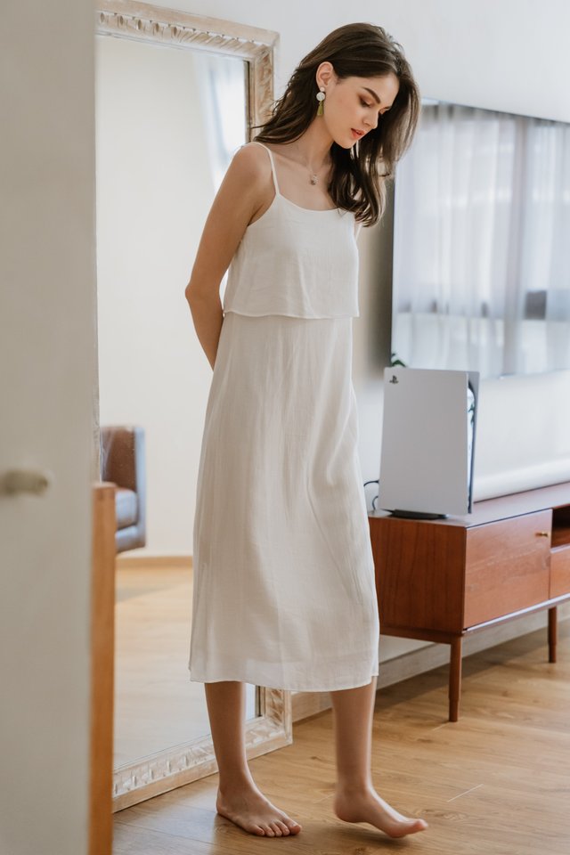 ACW Textured Pleats Layered Cami Midi Dress in White