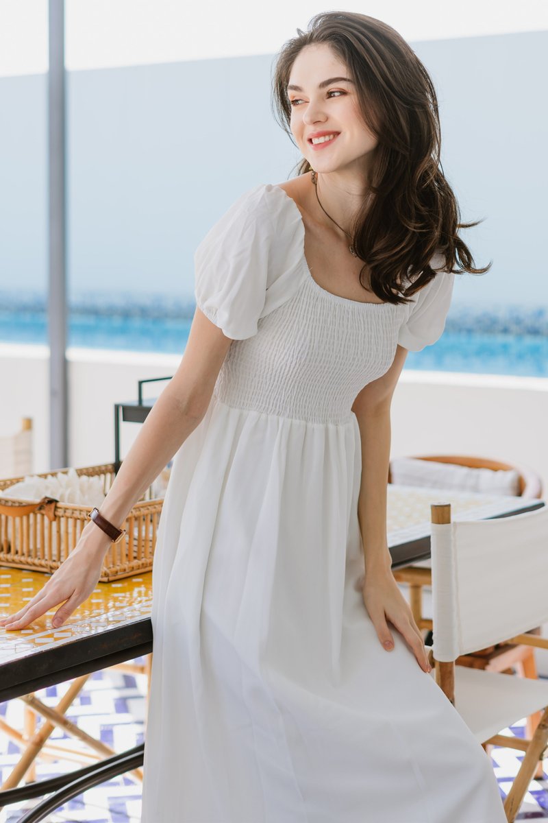 ACW Smock Puff Sleeve Maxi Dress in White